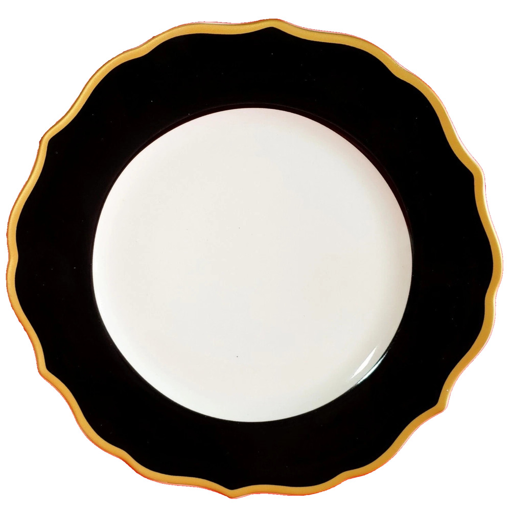 Set of 4 ROBERT STANLEY Home DINNER PLATE Black / Gold trim SCALLOPED 10.5"